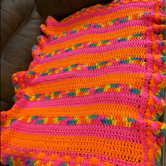 80’s vibe Bright, neon colored handmade Afghan blanket - Picture 2 of 3